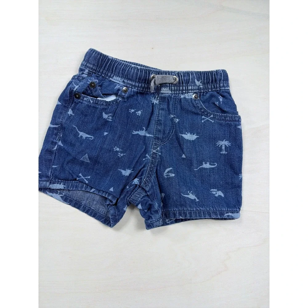 The Childrens Place Boys Blue Dinosaur Print Denim Shorts Elastic Waist 18-24M
